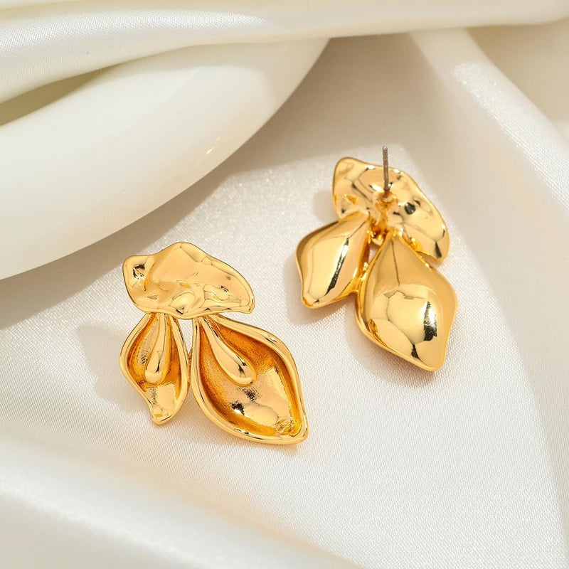 FAUTHENTICUTE Chunky Gold Statement Earrings For Women Gold Plated Sectored Flower Leaf Shell Angel Wing Earrings Large Stud Earrings Hypoallergenic Earrings - Image 4